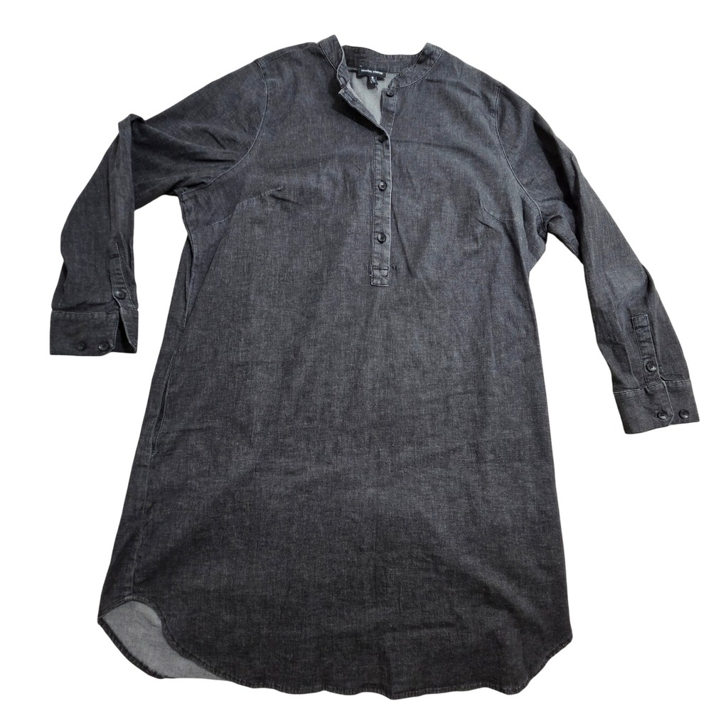 Universal Standard Denim Shirt Dress M Charcoal Grey Band Collar Long Sleeve